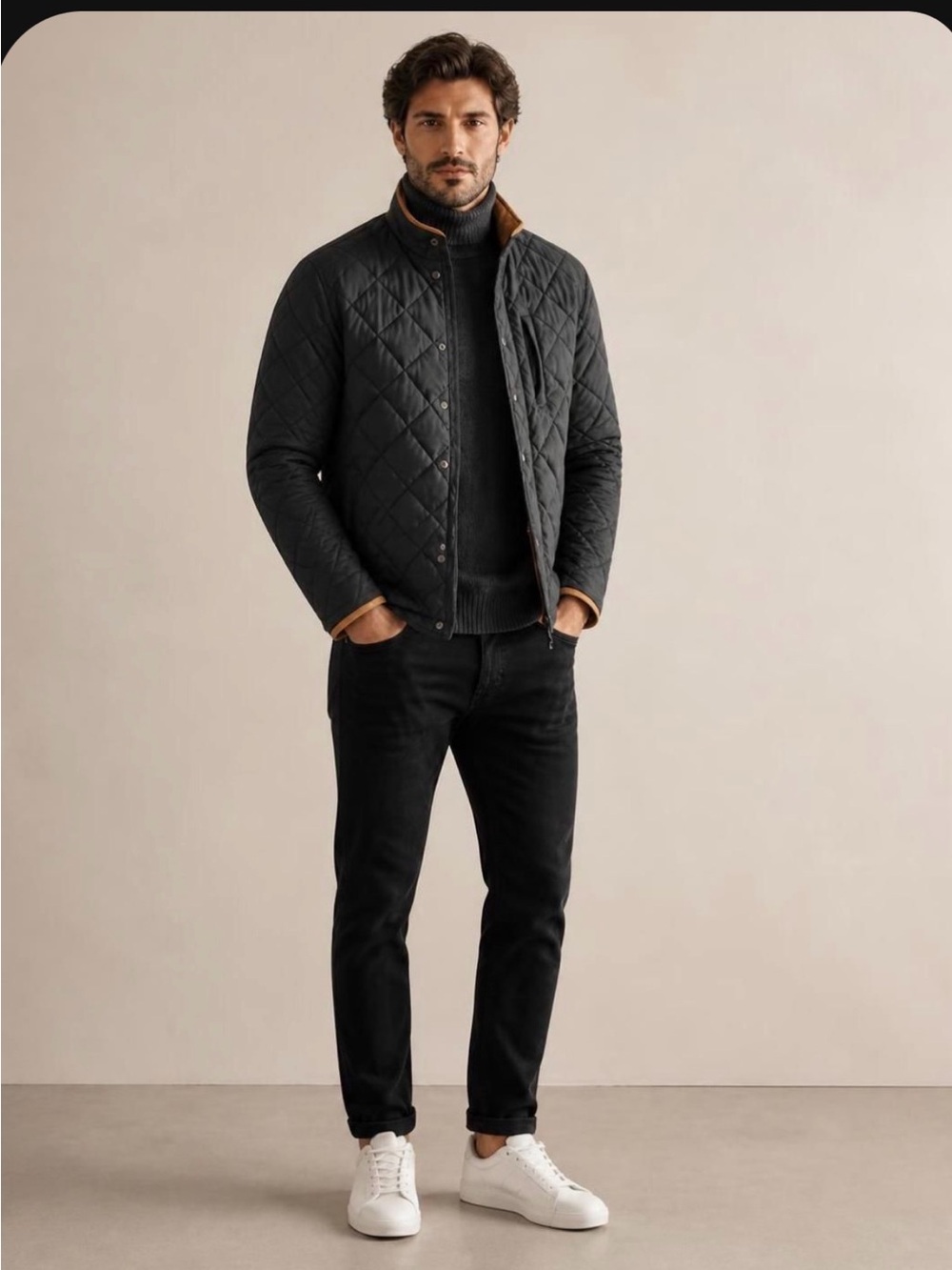 Mizzen+Main Quilted Black Puffer Jacket with Tan Trim